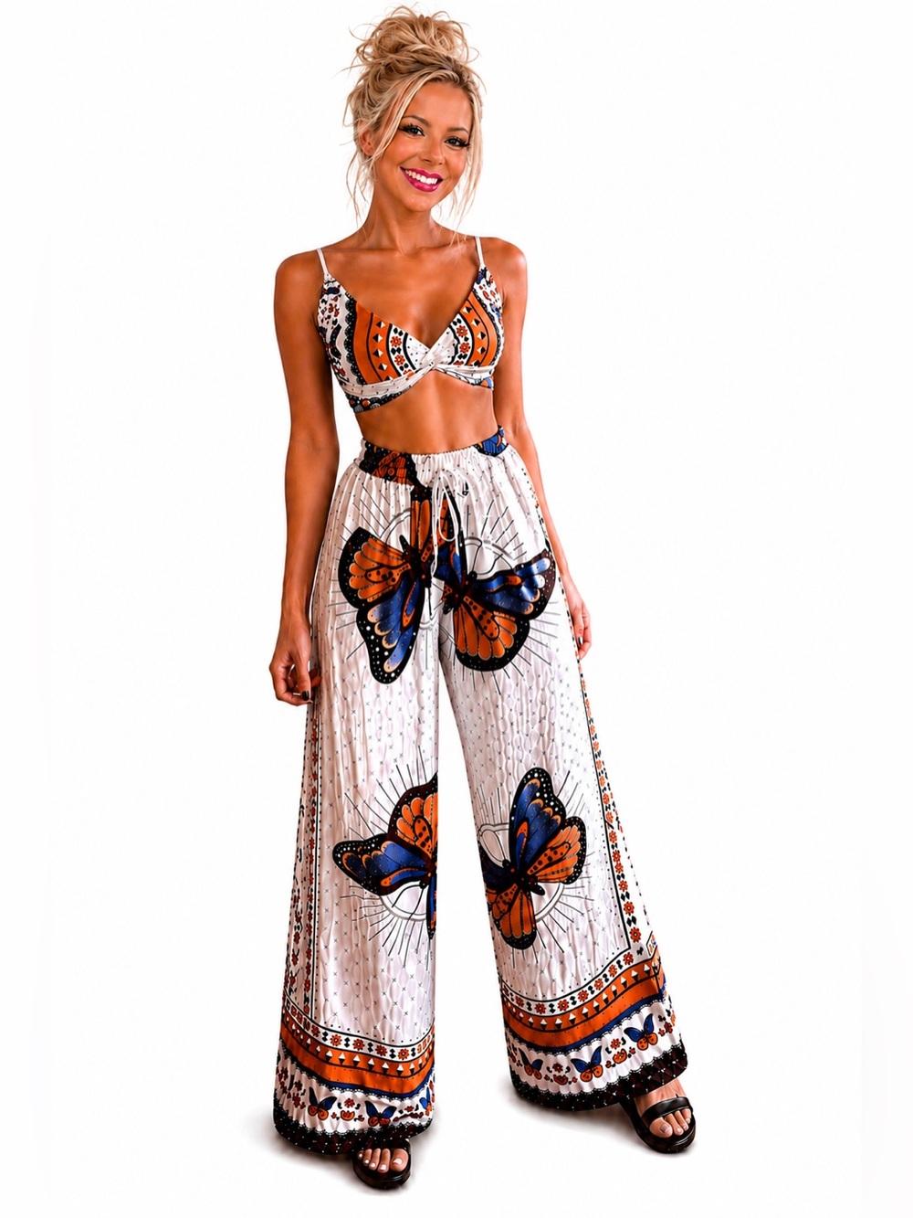 SCACTO Boho Butterfly Set | Festival Wide Leg Pants + Crop Top | SMALL